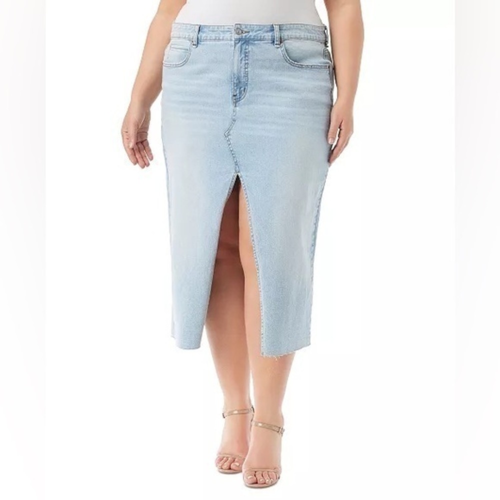 Jessica Simpson Dearest Denim Midi Skirt Light Wash Raw Hem Plus Size 18W NWT
